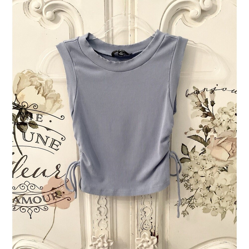 Lulus New Level Tank Women's XS Dusty Blue Ribbed Ruched Cropped Top - Picture 4 of 13